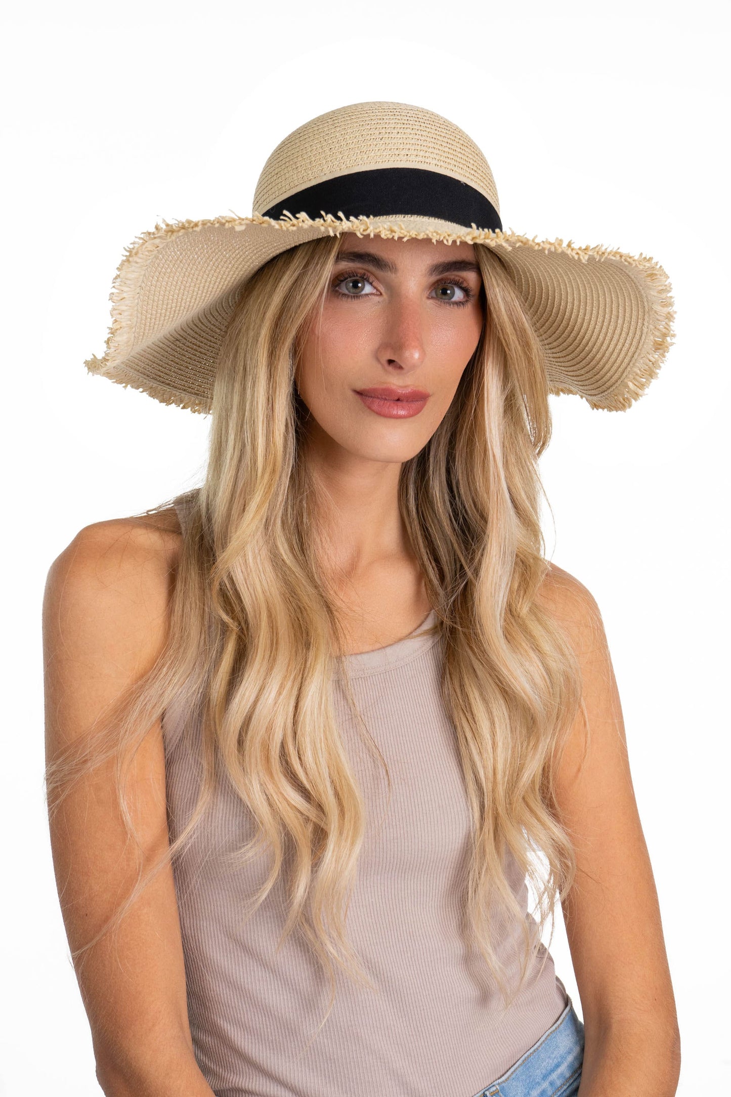 Adrienne Vittadini Frayed Brim Straw Floppy