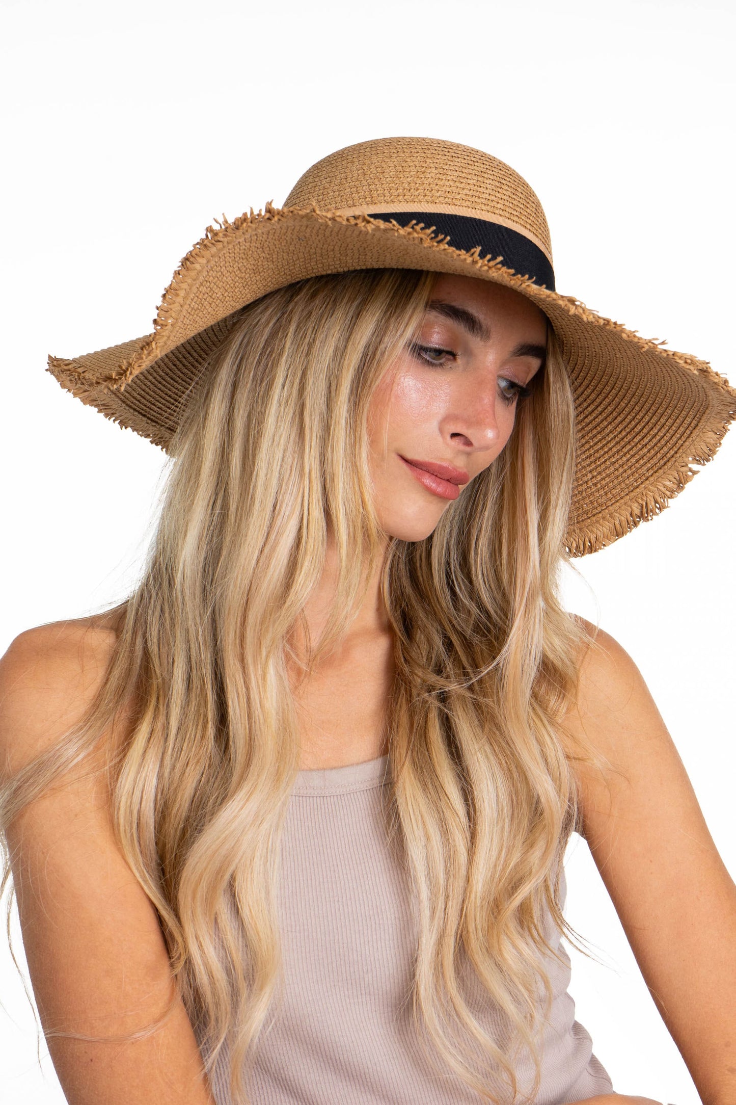 Adrienne Vittadini Frayed Brim Straw Floppy