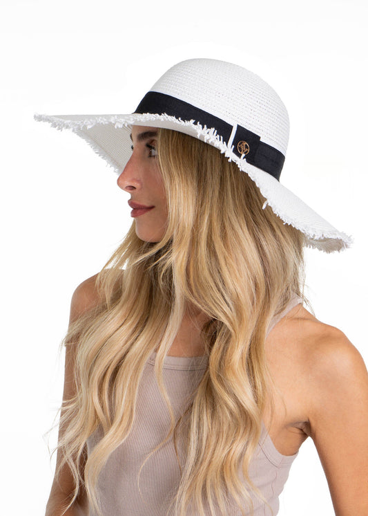 Adrienne Vittadini Frayed Brim Straw Floppy