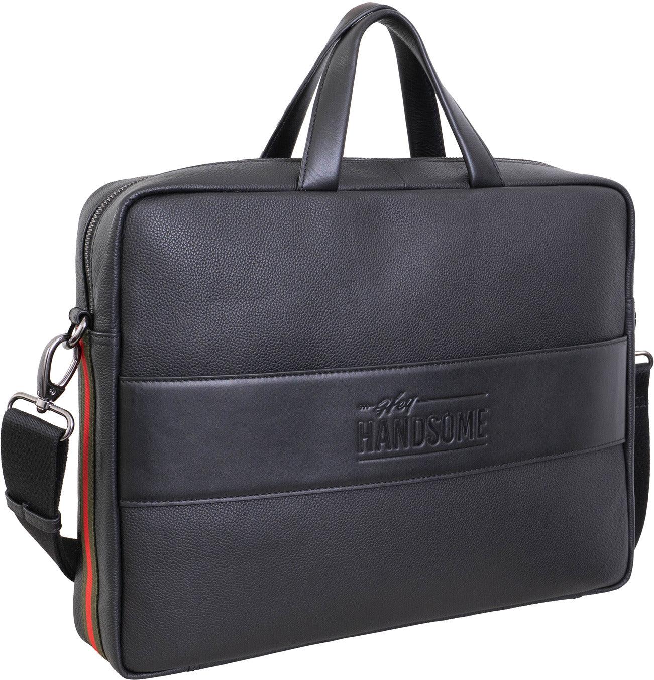 Boarding Pass Hey Handsome 18" Pebble Grain Genuine Leather Briefcase - Black